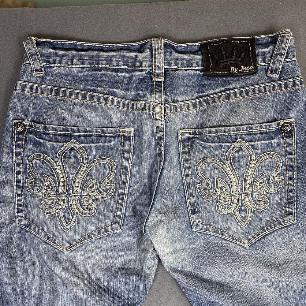 Jnco Jeans 33x30 Blue Cotton Embroidered fleur-de-lis Tribal Baggy Faded Y2K